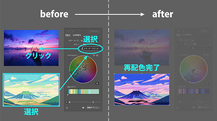 Illustrator「カラーテーマピッカー」を使って簡単再配色！イラレでベクターデータのイラストを参考写真の色味に再配色する方法